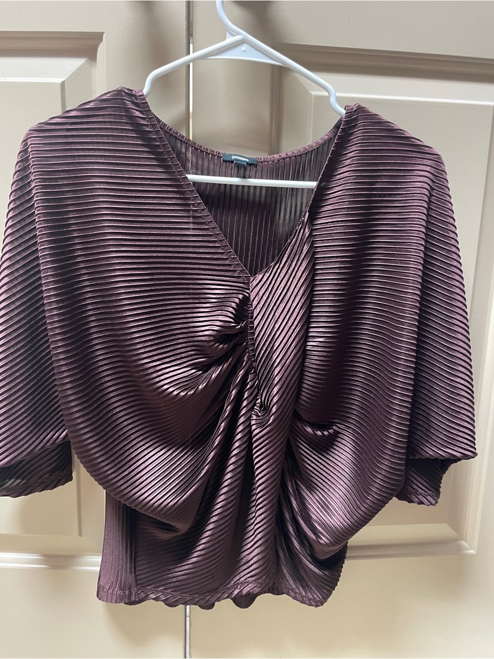 Express Pleated Twist-Front V-Neck Top in Brown